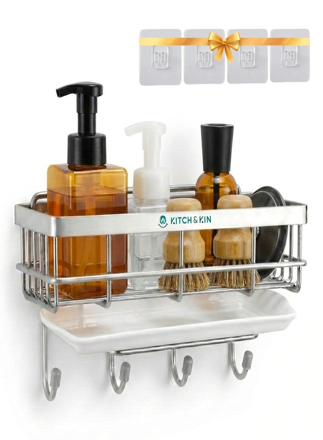 KITCH & KIN Stainless Steel Kitchen & Washroom Sink Organiser with Hooks and Drain Tray - Wall Mount Soap Stand, Sponge Holder and Adhesive Storage Rack for Cleaning Essentials - Image 1